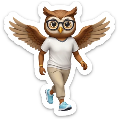 friendly anthropomorphised owl with visible wings, in pants and a shirt, wearing glasses, jogging upright, relaxed pose sticker