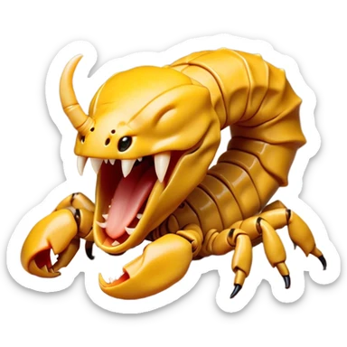 Cinematic Cute Yawning Emperor Scorpion Portrait Emoji, Head tilted slightly with a dramatic, wide-open yawn, showcasing a soft, textured exoskeleton with subtly drooping pincers and half-closed eyes in drowsy contentment, Simplified yet irresistibly adorable features, highly detailed, glowing with a soft, cozy glow, high shine, relaxed yet expressive, stylized with a dash of desert charm, soft glowing outline, capturing the essence of a sleepy yet affectionate scorpion that seems ready to stretch out for a nap! sticker