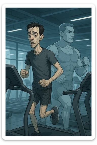 Uomo magro e affaticato che corre su tapis roulant in una palestra. I muscoli delle braccia e delle gambe appaiono ridotti e svuotati, come se stesse perdendo massa muscolare. Espressione stanca sul volto, con accanto una figura trasparente di sé stesso più muscolosa a confronto. Luci fredde e atmosfera di sovrallenamento. in italiano sticker
