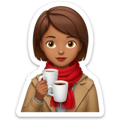 a girl with brown short hair, having red scarf, drink coffee, enjoy sticker