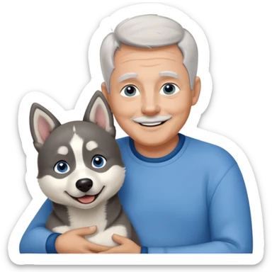 A 60 year old man with blue eyes and short light gray hair and no mustache and slightly big ears, holding a single black and white husky dog with floppy ears and white tuft eyebrows, both smiling sticker