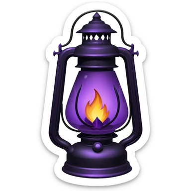 A Discord emoji of a dark violet flame burning inside a black iron lantern. The lantern has sharp, gothic edges and a small 'streak' of light emerging from it. Dark fantasy aesthetic, bold outlines, vibrant purple fire, white background, high detail but simple enough to be visible at 32x32 pixels. sticker