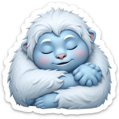 Meme-Worthy Cute Sleeping Yeti Portrait Emoji, with a charming, fluffy, snow-dusted figure in gentle whites and cool blues, head resting in blissful, serene slumber with closed, peaceful eyes and a small, contented smile, simplified yet irresistibly adorable, highly detailed with a soft frosty outline that captures the tender drowsiness of a yeti drifting into snowy dreams! sticker