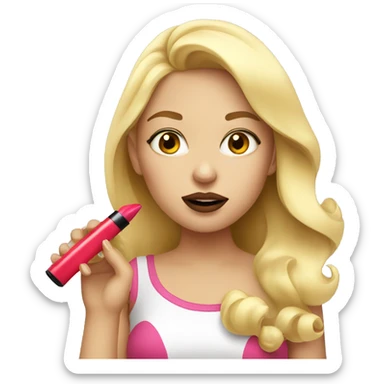 blonde girl putting lipstick sticker