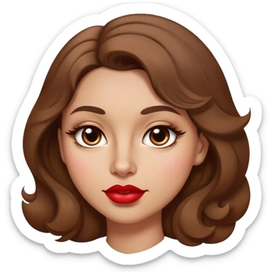 A brown-hair woman slightly curled, with light skin, almond shaped eyes, a mole on the right cheek and a mole juste above the lip on the left side, lipstick,  sticker