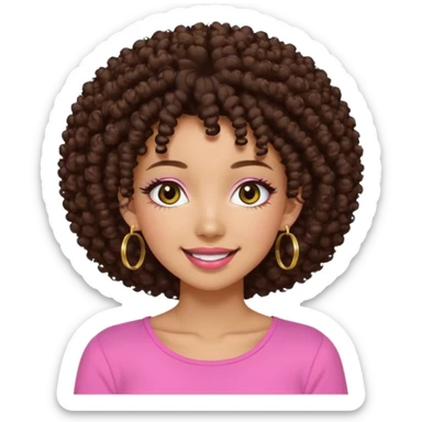 Naturally tan skin girl short darkBrown curly afropink shirt very long lashes hoop gold earrings Brown eyes gyaru smiling closed mouth cute sticker