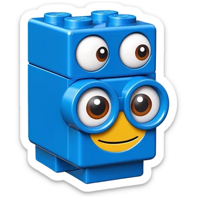 A bright blue Lego building block with big eyes and a happy expression sticker