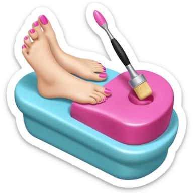 3D isometric emoji of a foot getting a pedicure, hand holding a nail polish brush, soft glossy texture sticker