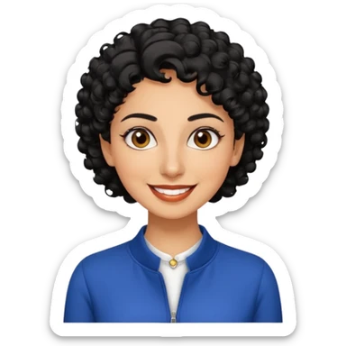 30 year old iranian woman very short curly black hair, big brown eyes, tanned skin, big smile, white teeth, pretty, stylish, shorter hair, boy cut hair, nice clothes sticker