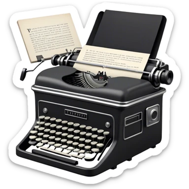 Create an emoji representing screenwriting. The design should feature an open script with visible dialogue and action lines, symbolizing the writing of a screenplay. Include a classic typewriter or modern writing device, such as a laptop, to signify the creative process. Place an old-style film camera next to the script to emphasize the cinematic connection. Use a professional color palette with black, white, and subtle metallic tones. Do not include any emojis or smiley faces. Make the background transparent sticker