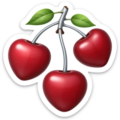 A pair of cherries emoji made of polished silver chrome, smooth rounded shapes, glossy metallic finish, soft highlights and reflections, cute proportions, iOS emoji style, centered, clean white background, no text sticker