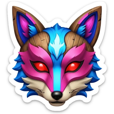 Ancient wooden mask, split in half, luminous and neon with red, blue and pink fox-like glow. sticker