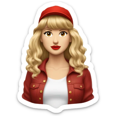 Taylor Swift looking off in the distance with long blonde hair and bangs wearing a red ivy-hat sticker