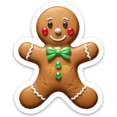 3D render of Gingerbread Man, made entirely of dessert materials, glistening sugar crystal texture, baked brown cookie texture with white icing details, delicious confectionery aesthetic, Apple emoji style, isolated on white background --v 6.0. sticker