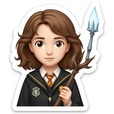 Hermione Granger with bushy brown hair, wand, and Hogwarts uniform sticker