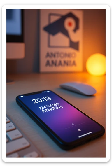 A photo of an iPhone on the desk with the message "Antonio Anania" on its screen, The phone sits atop a desk with a blurred with the logo in the background that suggests work environment. A faint glow from above casts gentle shadows across the surface of each object, creating depth and highlighting their textures sticker