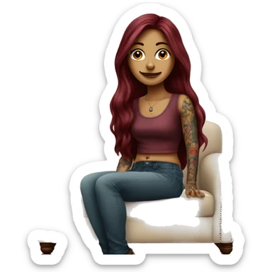Beautiful tattooed burgundy long haired woman sitting on couch sticker