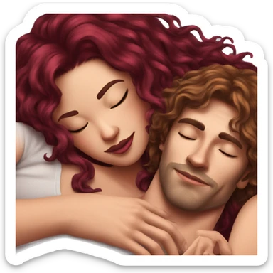 Beautiful tattooed burgundy long haired woman laying on her boyfriends chest sticker