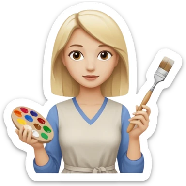 Female, medium length blonde hair, painting ceramics, paint brush in one hand, paint palette in other hand sticker