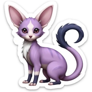 Fluffy, Purple, white, black, Minccino-Sphynx-Lykoi-Linoone-Zangoose-fusion-hybrid-animal-Fakémon-creature, full body, thin long sleek scaly tail, intricate markings sticker