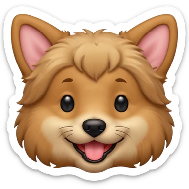 Dog face only, light brown fluffy dog, darker ears, small black nose, happy smiling with tongue out, simple emoji icon. sticker
