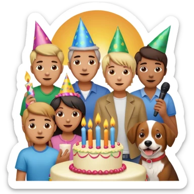 celebration birthday with a dog and watching sunset with many peoples with a birthday cake and mike a wish man peoples at home sticker