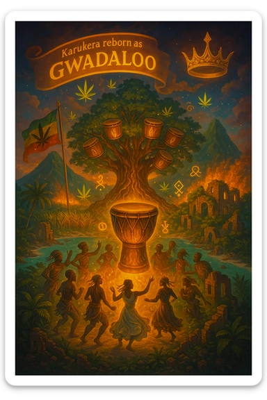 Create a powerful, surreal vision of the Caribbean island Guadeloupe, reimagined as ‘Guadeloupe' — its sacred, sovereign identity restored. The island is lush, tropical, and volcanic, with two green volcanoes glowing golden at the peaks. In the center stands a giant mystical Drum Tree, its branches bearing carved drums instead of fruit, glowing with rhythmic light. Ancestral spirits of African and indigenous lineage dance in a circle around the tree, surrounded by floating ganja leaves and sacred symbols. Sugarcane fields burn gently in the background, symbolizing the end of colonial suffering. Ruins of colonial buildings crumble into the earth, reclaimed by vines and jungle. Above the island, a glowing banner in the sky reads: ‘Karukera reborn as Gwadaloo.’ A ganja-leaf flag waves high in red, green, and gold, and a golden Creole crown floats in the sky above the island — not worn by any man, but held in rhythm. The ocean is turquoise, the light is divine, and the entire scene radiates spiritual victory, cultural remembrance, and cosmic rhythm. Use a warm, cinematic palette of golds, greens, blues, and purples. Style should feel epic, sacred, and symbolic — a rebirth of Caribbean power. sticker