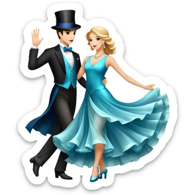 Icon for Ballroom Dancing: a pair of elegant dance shoes, a flowing dress, a top hat, and a dance floor spotlight. The icon should represent the elegance and atmosphere of ballroom dance, focusing on the iconic dance elements. Transparent background. sticker