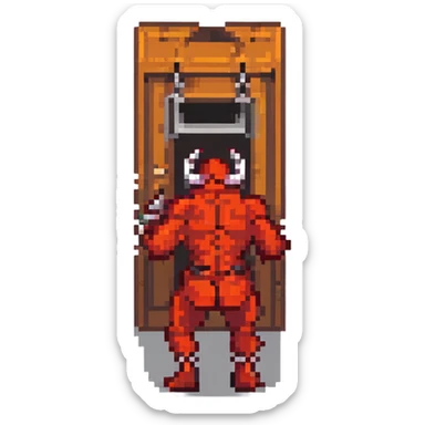 devil guy with a door for a torso and metal limbs taking a big ass fart
 sticker