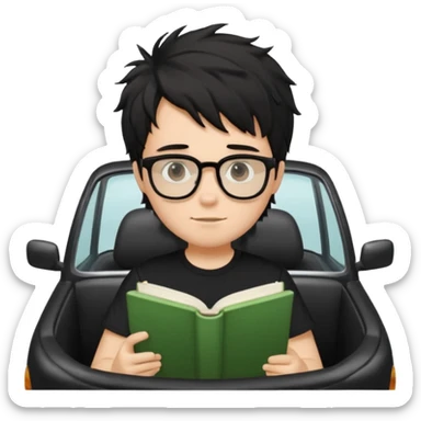 generate a pretty bratz fair skinned boy with black messy hair wearing a black tshirt driving. Glasses on. holding books sticker