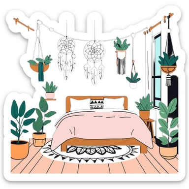 boho bedroom with hanging plants, dreamcatcher, fluffy rug, and string lights sticker