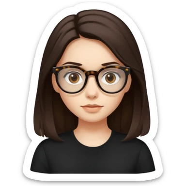 The girl with dark brown long hair, white skin, brown dark eyes, wearing black shirt and tortoise framed glasses sticker