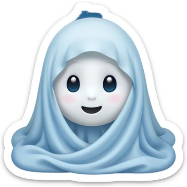 An adorable, peacefully floating sheet-like ghost in gentle pastel whites and blues, its soft, rounded form loosely draped, head resting with closed, serene sparkling eyes and a tiny, contented smile, simplified yet irresistibly charming, highly detailed, with a soft glowing outline that captures the essence of a sleepy, endearing spirit wrapped in cozy slumber! sticker