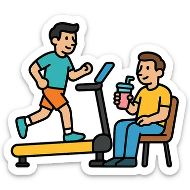one man on a treadmill, the other man relaxing with a smoothie, icon style, modern and easy to understand sticker