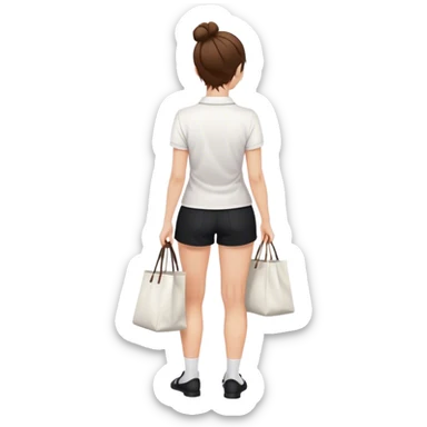 pretty girl back view white polo black shorts brown hair in a bun white totebag sticker