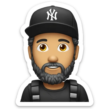 Homme blanc / cheveux courts noir / barbe courte / casquette noir yankees noir / avec une bière sticker