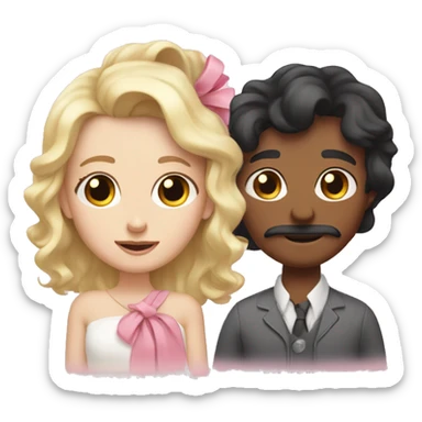 White mom with long wavy black hair next to dad white with short blonde hair watching baby white with pink bow in her hair  sticker