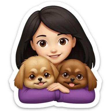 black hair girl hugging brown pekingese dog that looks a little bit like brown gremlin sticker