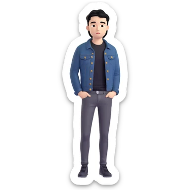 3D emoji Microsoft style, young man with black hair, wearing black t-shirt and black denim jacket, based on photo reference, slight shadow on face sticker