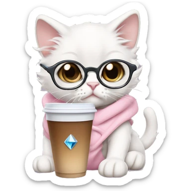 White rag doll kitten wearing a fancy light pink hoodie and diamond filled stethoscope and white eye glasses and iced coffee  sticker