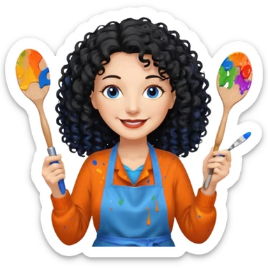 FEMME BLANCHE FRISÉ 60 ANS CHEVEUX NOIR FRISÉ ONDULÉ TRÈS  LONG , SOURIANTE AVEC CHANDAIL ORANGE ,   YEUX BLEU ET UN PINCEAU À LA MAIN LA MAIN AVEC 5 DOIGT SEULEMENT ET TABLIER sticker