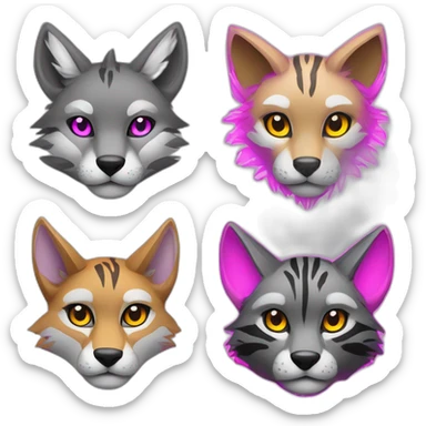 Coyote with grey and black fur, neon lights, ocelot with pink ears, clouded leopard, ocelot coyote hybrid with Phoenix wings sticker