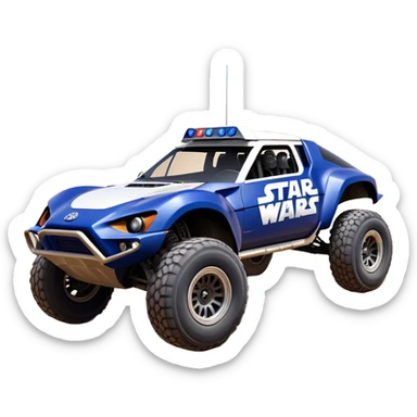 Star Wars storm trooper’s evil darkly night blue Dirty and dented Local Motors Rally Fighter off road race car hot rod meets 2013 Toyota 86 trophy truck-style basher flying on a dusty road (silver wheels) sticker