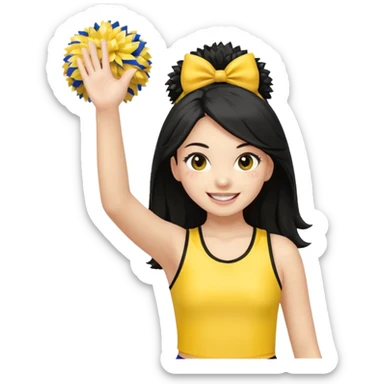 A long black hair teen girl waving pom-poms, eyes sparkling with excitement, yellow cheer leader top sticker