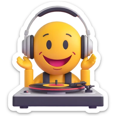 3D smiley emoji, round shape, DJ with headphones and turntable, funny face, transparent background sticker