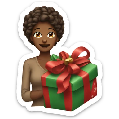 Woman with brown skin wrapping Christmas present sticker