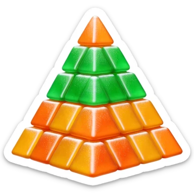 3D render of Gumdrop Pyramid, made entirely of dessert materials, glistening sugar crystal texture, stacked green and orange sugar-coated jelly candies, delicious confectionery aesthetic, Apple emoji style, isolated on white background --v 6.0. sticker