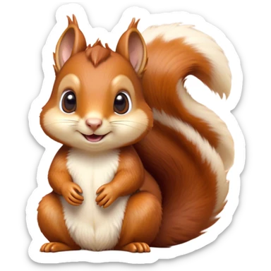 Cinematic Cute Squirrel Portrait Emoji, Head tilted playfully and inquisitively, featuring a fluffy, vibrant auburn Fur with a delicate cream belly and a bushy tail, round, sparkling eyes filled with curious mischief, Simplified yet irresistibly adorable features, highly detailed, glowing with a warm, friendly glow, high shine, affectionate and lively, stylized with a touch of woodland whimsy, bright and endearing, soft glowing outline, capturing the essence of a mischievous yet loving squirrel, so playful it feels like it could leap out of the screen and into your arms! sticker