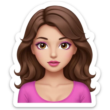 girl with long wavy brown hair, brown eyes, long lashes makeup, sexy pink lips, light to medium complexion, pink sexy top, I don't know sticker