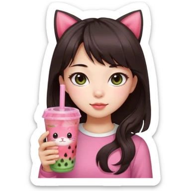Pale asian girl with cat eyes big pupils with dark brown hair side bangs t the left and layered hair towards the inside with pink bow on hair and pink outfit holding a watermelon bubble tea sticker